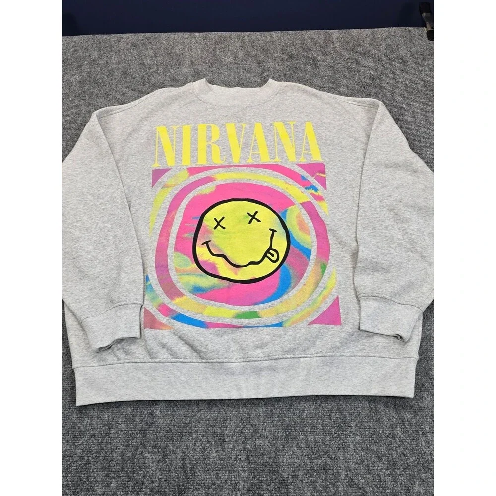 Nirvana Smiley Face Sweatshirt Mens L Gray Neon Graphic Band Crewneck